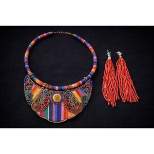 Boho Crescent Necklace with Red Beaded Tassel Earrings | Colorful Artisan Statem